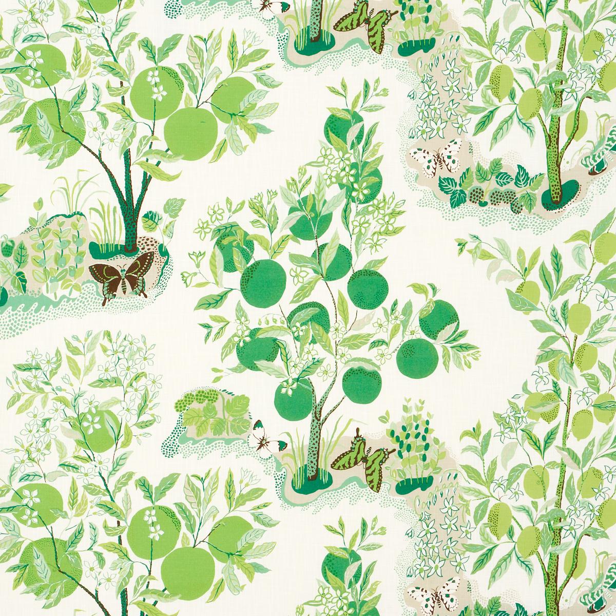 Schumacher Citrus Garden Indoor/Outdoor in Leaf Green White Trees Toile Polyester Fabric Multi - Special Order