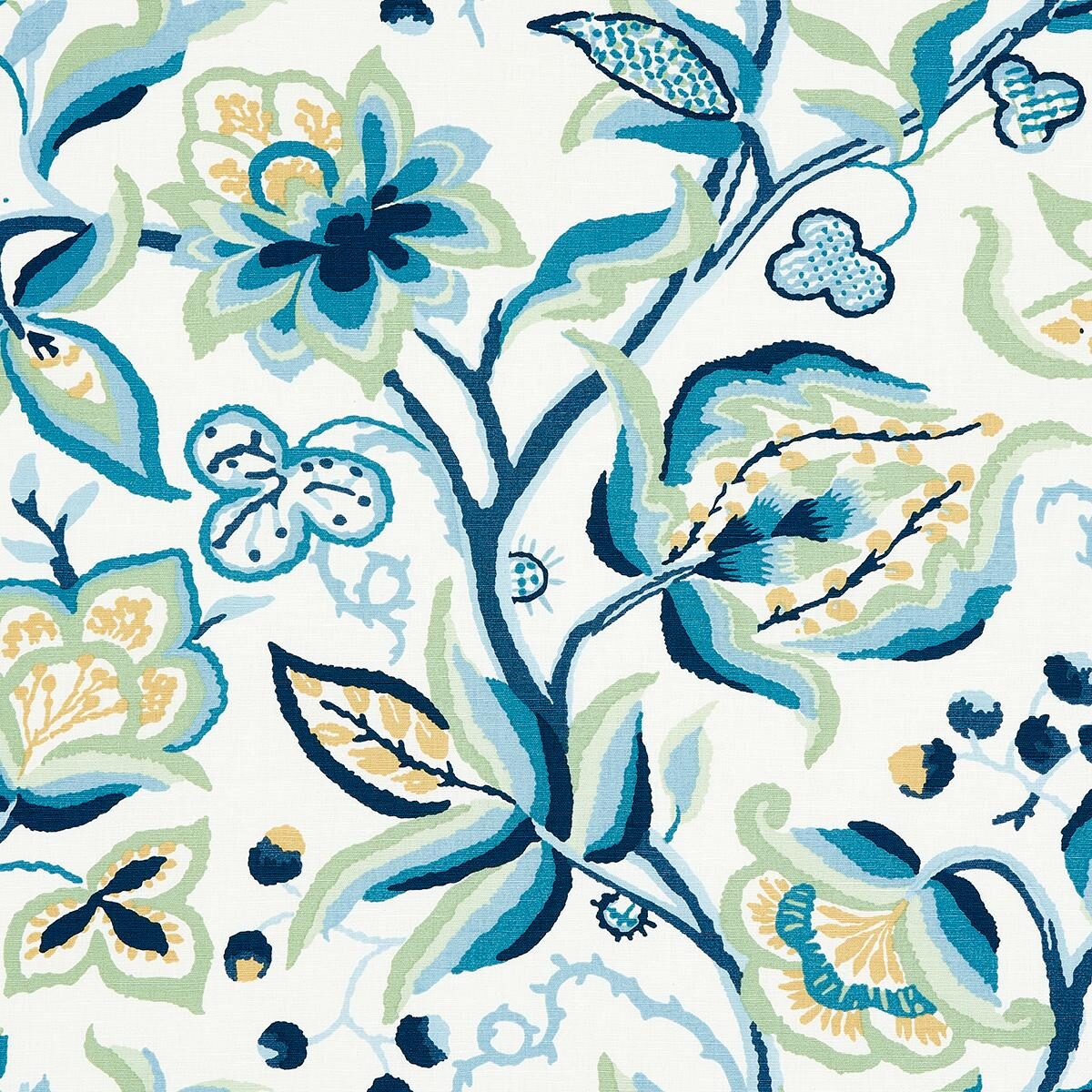 Special Order Schumacher Alexandra Vine Linen in Navy and Leaf  Blue Green White Large Flora Jacobean MSRP USD 308/y