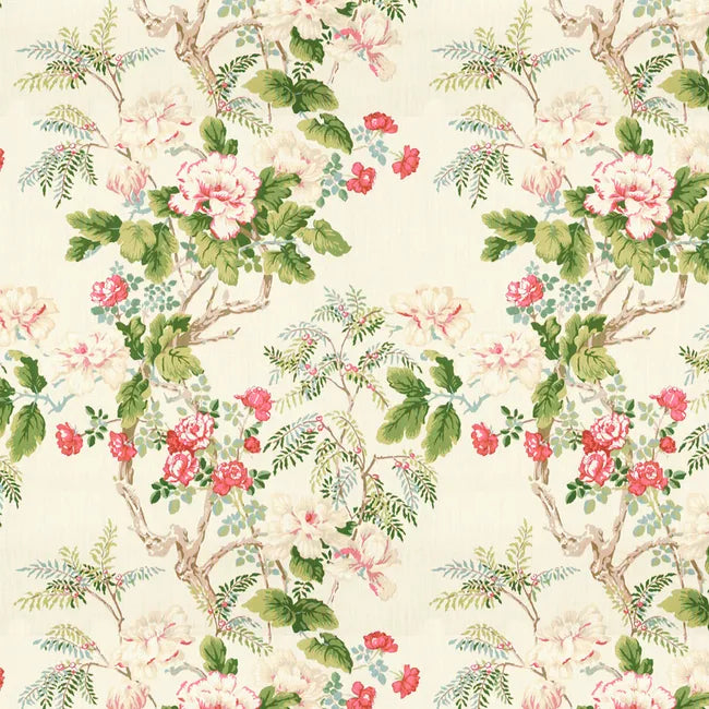 Lee Jofa Chinese Peony Rose Floral Botanical Beige Green Red Linen- Special Order - MSRP USD498