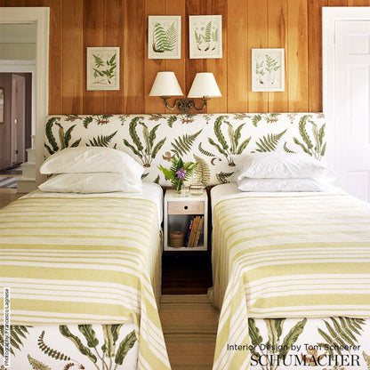 Schumacher Les Fougeres Document Green Fern print White Linen Fabric - Special order