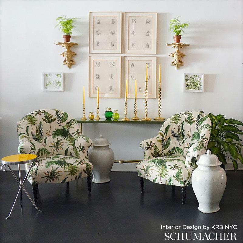 Schumacher Les Fougeres Document Green Fern print White Linen Fabric - Special order