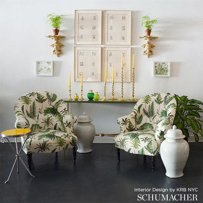 Schumacher Les Fougeres Document Green Fern print White Linen Fabric - Special order