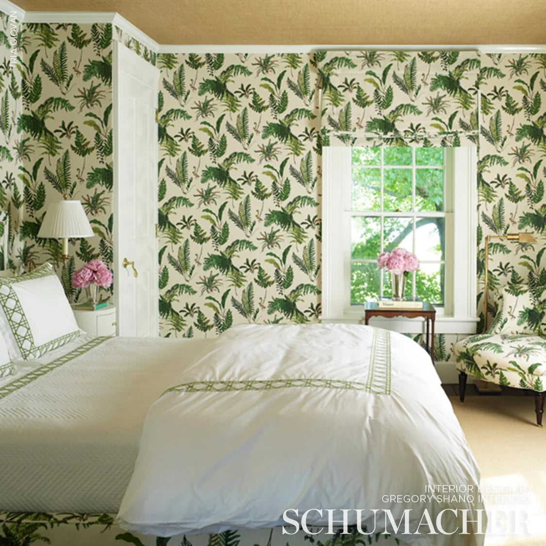 Schumacher Les Fougeres Document Green Fern print White Linen Fabric - Special order