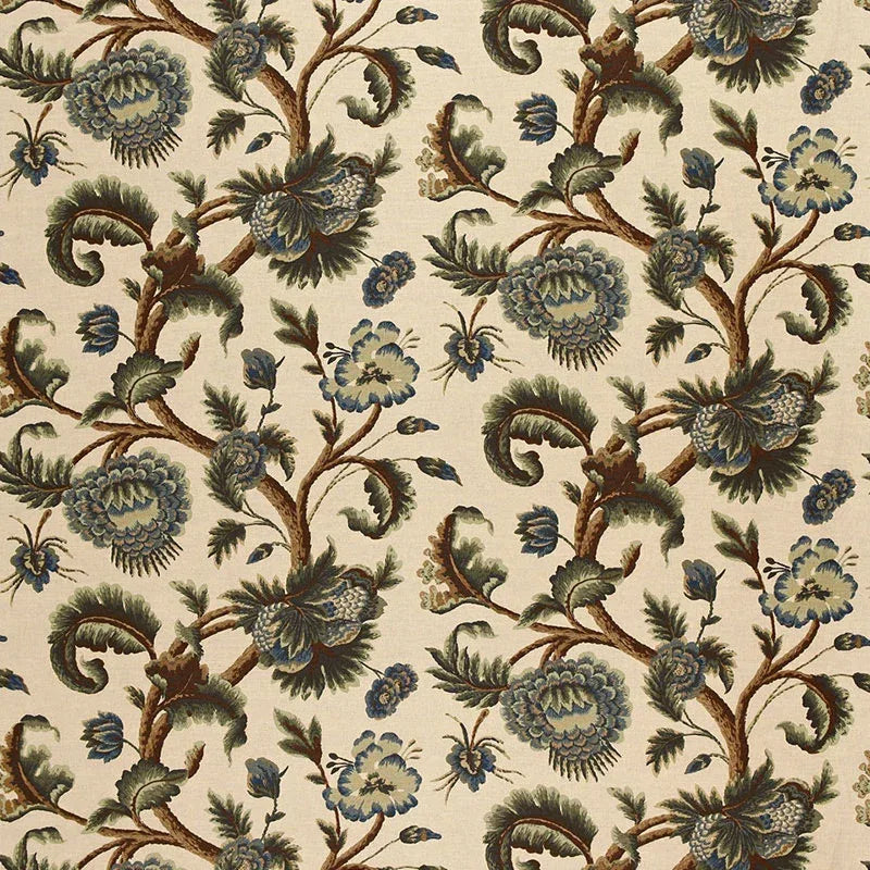 Schumacher Jacobean Printed Crewel in Multi Blues Wood Tones MSRP USD 296/y