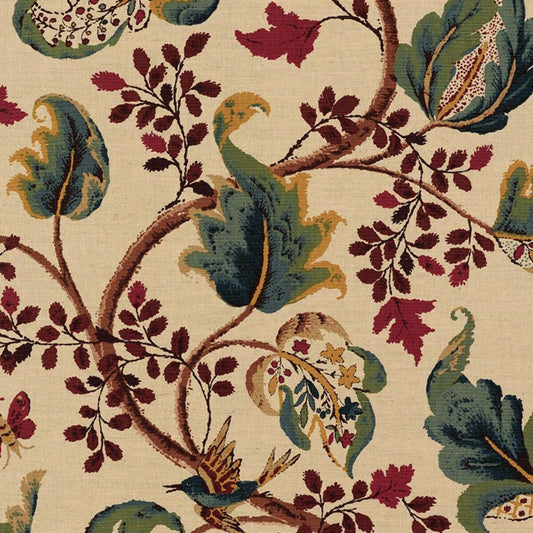 Special Order Schumacher Fox Hollow In Document Natural Red Green Natural Cream Linen Cotton Large Flora Tree Foliage MSRP USD 268/y