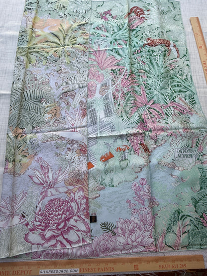 Art Scarf Leopard River Resort Tropical Jungle Waterfall Mint Green Fuschia Pink High End Silk Twill Scarf Double Sided