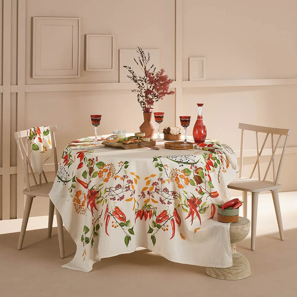 Garnier Thiebaut Piments Doux Caliente Spices and Red Peppers Green Gold Tablecloth 61"x61", Cotton-Linen Blend