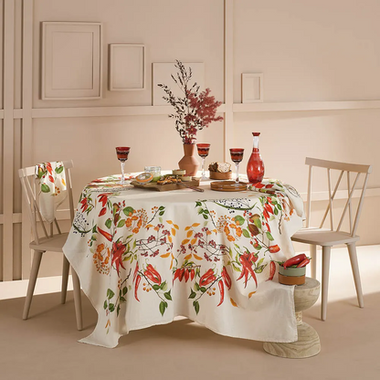 Garnier Thiebaut Piments Doux Caliente Spices and Red Peppers Green Gold Tablecloth 61"x61", Cotton-Linen Blend