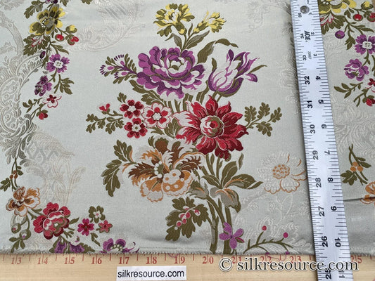 by yard French Court Marie Lace Bouquet Silk Lampas Red Pink Fuchsia Green Over Silvery Beige Custom Order