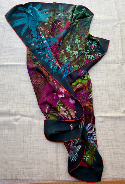 Art Scarf Tropical Resort Jungle Dream Palm Coconut Lemur Zebra Fox Birds Double Sided Purple Red Green High End Silk Twill 41 Inches