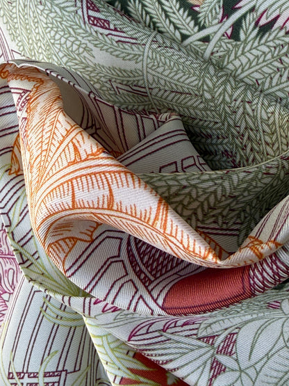 Art Scarf Leopard River Resort Tropical Jungle Waterfall Mint Green Fuschia Pink High End Silk Twill Scarf Double Sided