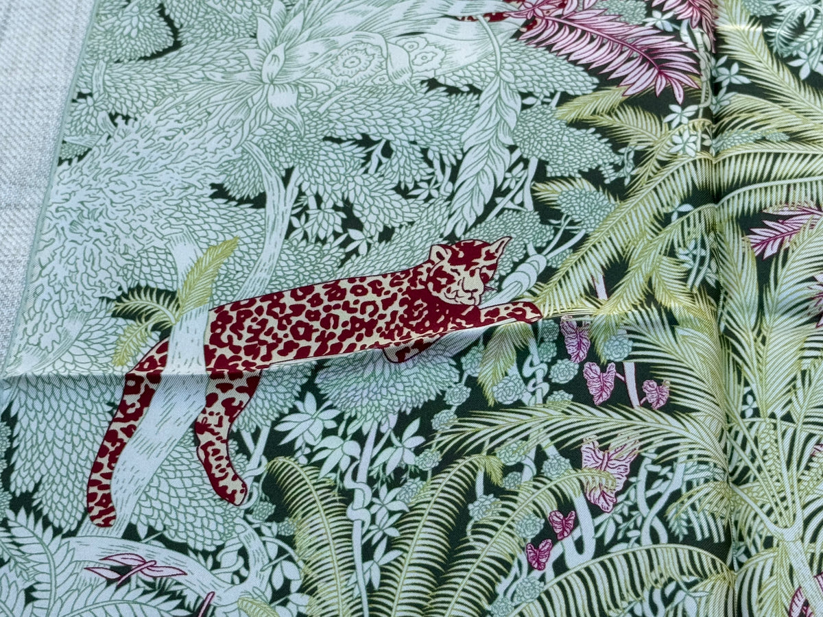 Art Scarf Leopard River Resort Tropical Jungle Waterfall Mint Green Fuschia Pink High End Silk Twill Scarf Double Sided