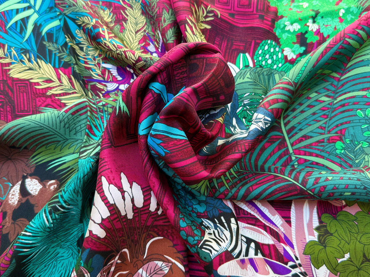 Art Scarf Tropical Resort Jungle Dream Palm Coconut Lemur Zebra Fox Birds Double Sided Purple Red Green High End Silk Twill 41 Inches