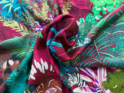 Art Scarf Tropical Resort Jungle Dream Palm Coconut Lemur Zebra Fox Birds Double Sided Purple Red Green High End Silk Twill 41 Inches