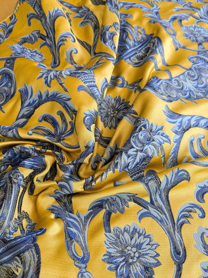 28" L x 56"W Damask Figurative Neoclassical Baroque Caimano in Blue and Gold Silk Lampas