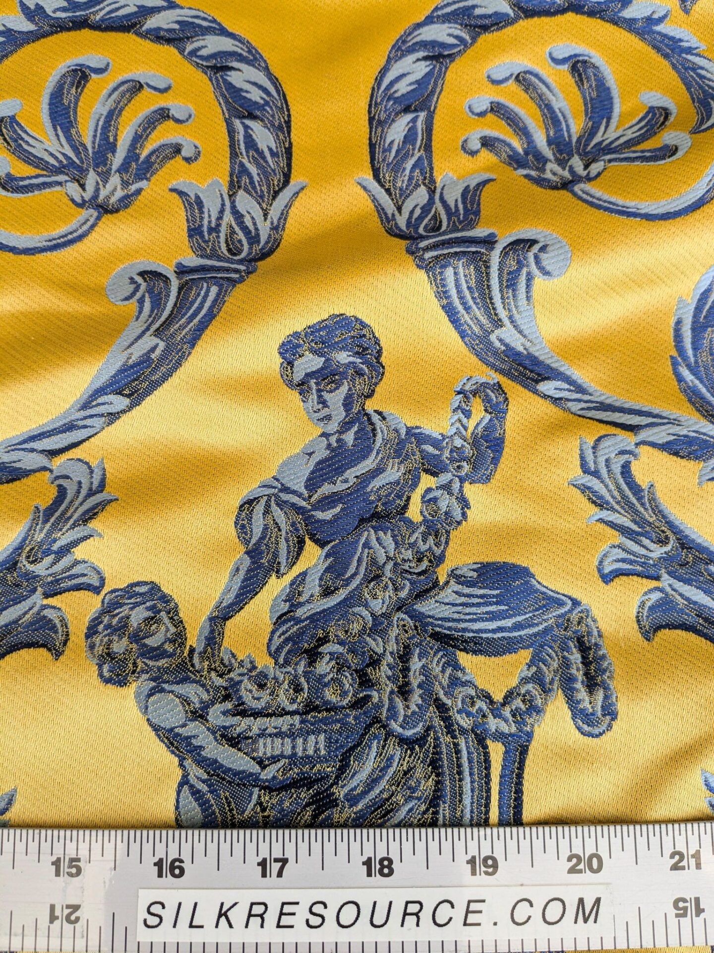 28" L x 56"W Damask Figurative Neoclassical Baroque Caimano in Blue and Gold Silk Lampas