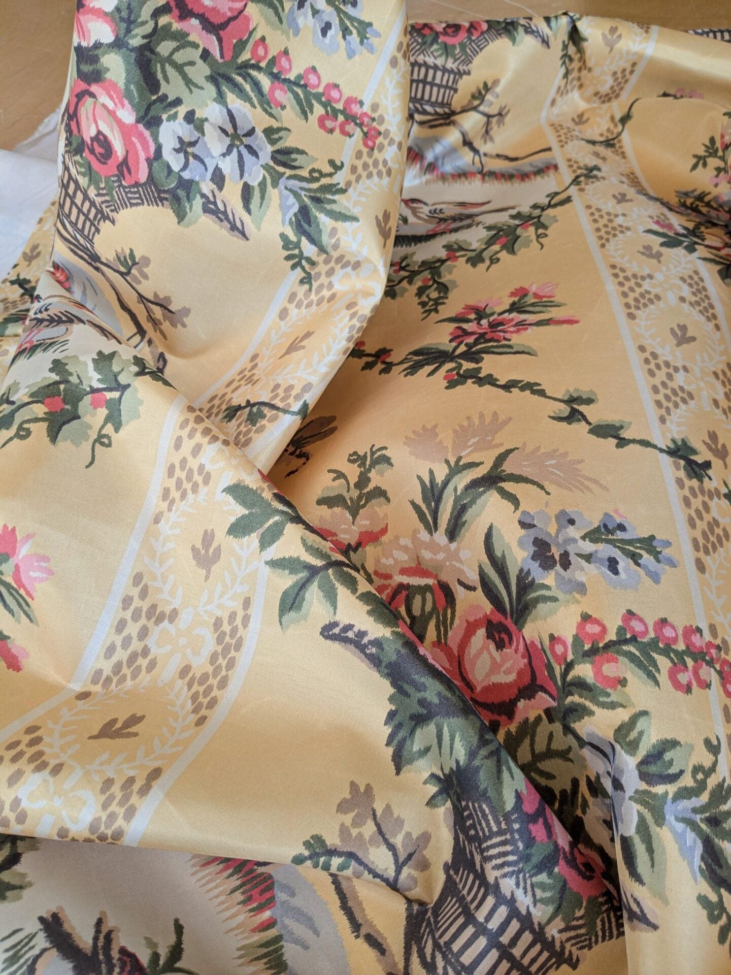 57"L x 61"W  Scalamandre Lelievre Multi on Yellow "FOUNTAINEBLEAU" Love Bird Dove Pink Rose French Fabric