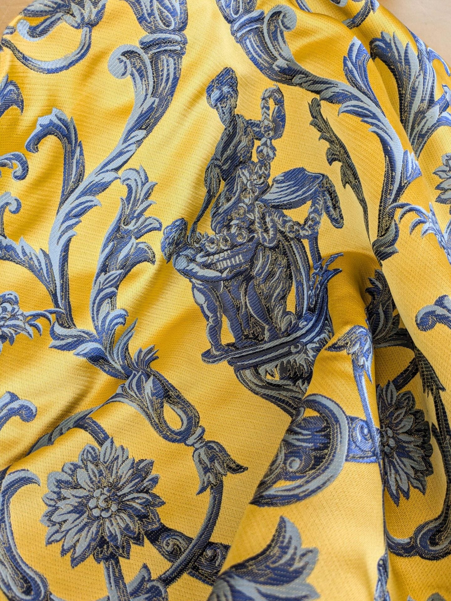 28" L x 56"W Damask Figurative Neoclassical Baroque Caimano in Blue and Gold Silk Lampas
