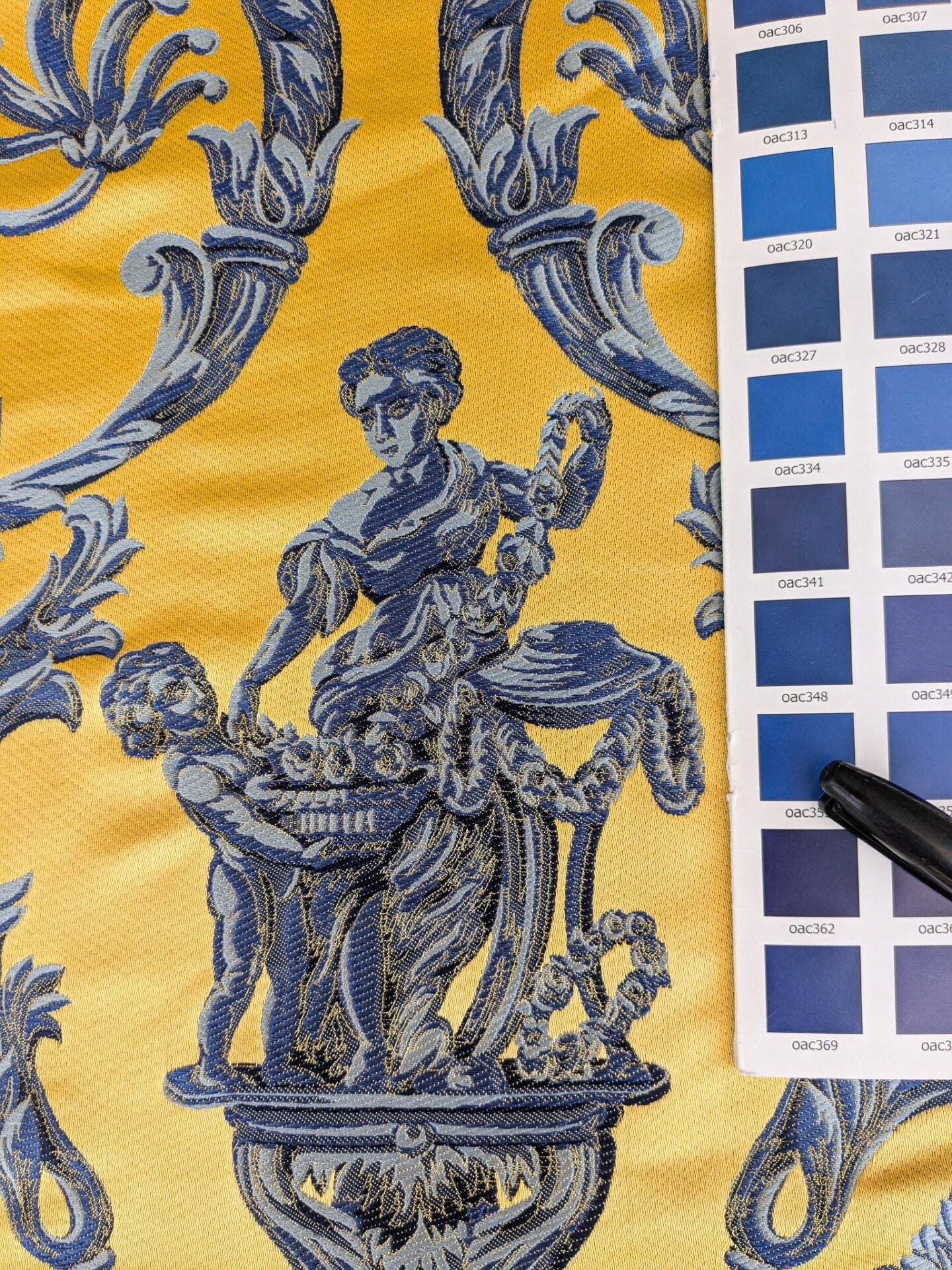 28" L x 56"W Damask Figurative Neoclassical Baroque Caimano in Blue and Gold Silk Lampas