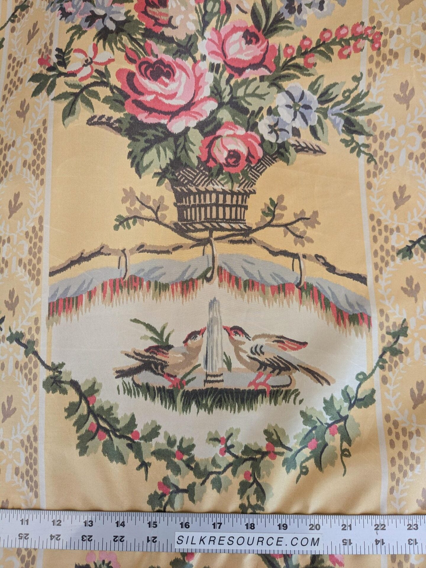 57"L x 61"W  Scalamandre Lelievre Multi on Yellow "FOUNTAINEBLEAU" Love Bird Dove Pink Rose French Fabric