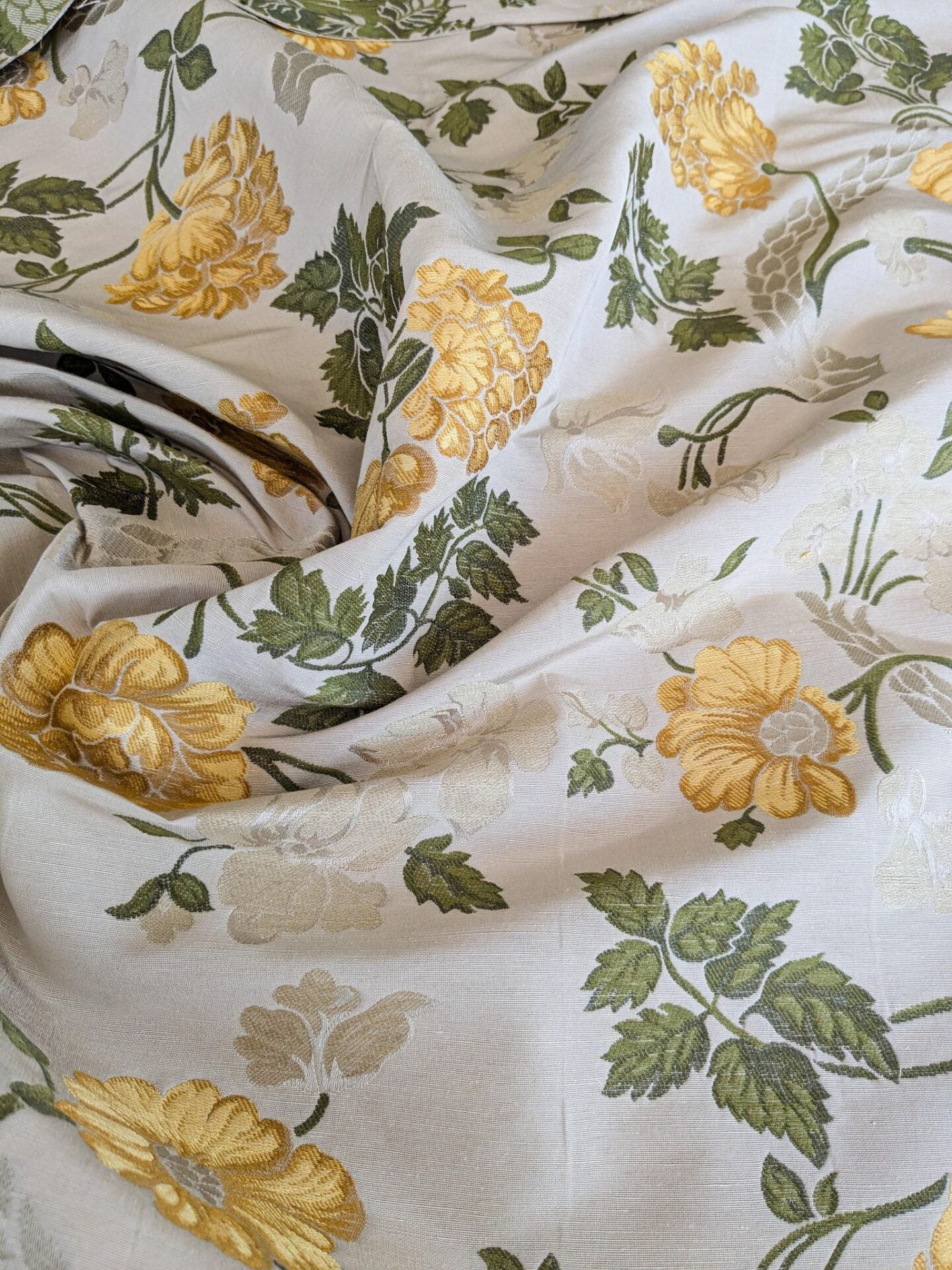 39"L x 57"wide  Floral Botanical Tree Foliage French Court Yellow Green on White Cream