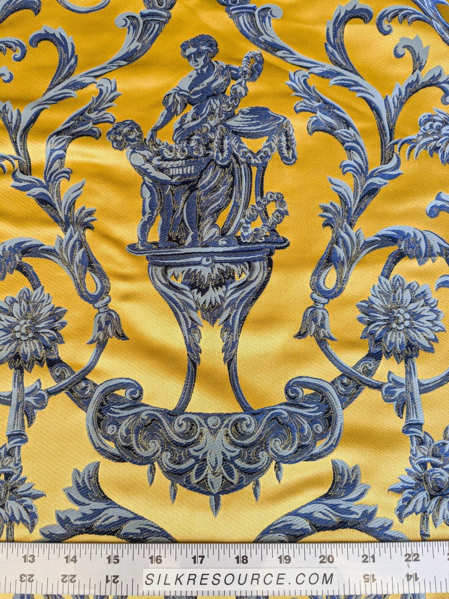 28" L x 56"W Damask Figurative Neoclassical Baroque Caimano in Blue and Gold Silk Lampas