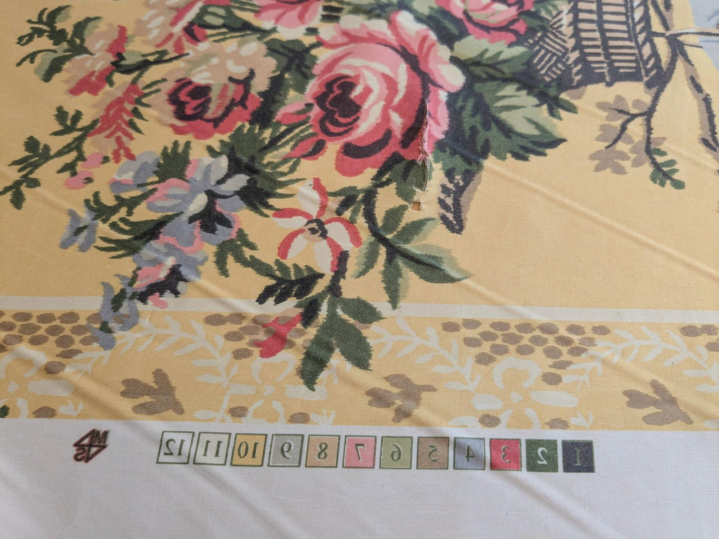 57"L x 61"W  Scalamandre Lelievre Multi on Yellow "FOUNTAINEBLEAU" Love Bird Dove Pink Rose French Fabric
