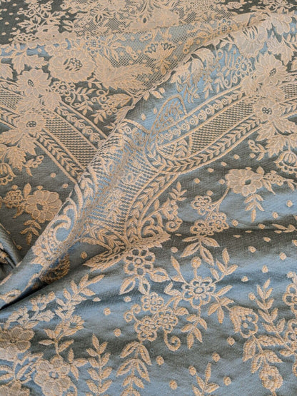 25  EV37 1.4yards 27" wide Old World Weavers Ambliornite Grande Azure BlueWoven Gray Beige Floral Silk