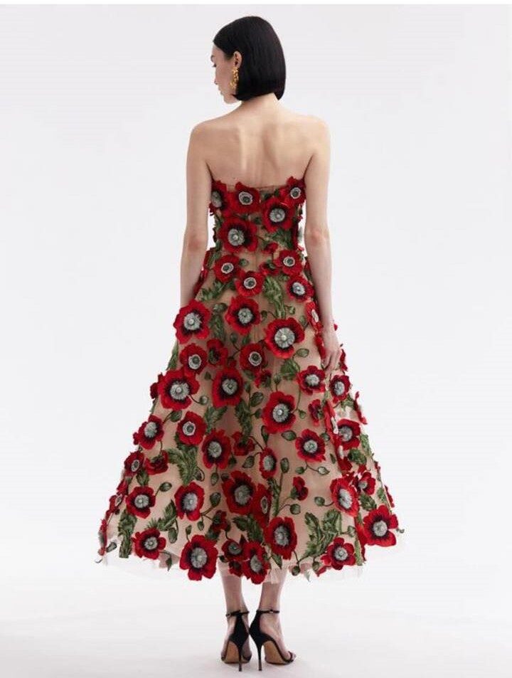 High End 100%silk Lampas Deco Vine Flower "Poppy" Red Green Beige MSRP USD 360/y