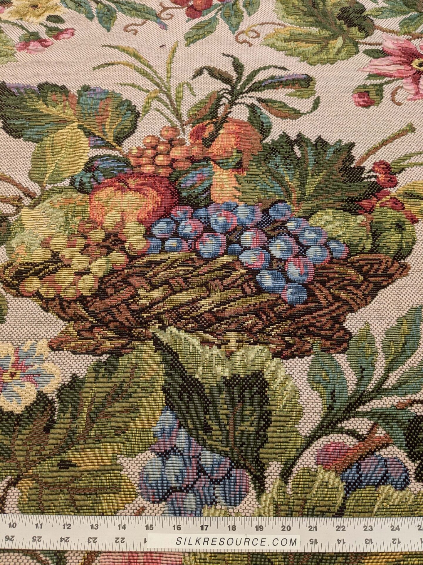by yard Scalamandre Floral Fruits Grapes Apples Fall Harvest Botanical Tree Foliage Basket Heavy Tapestry