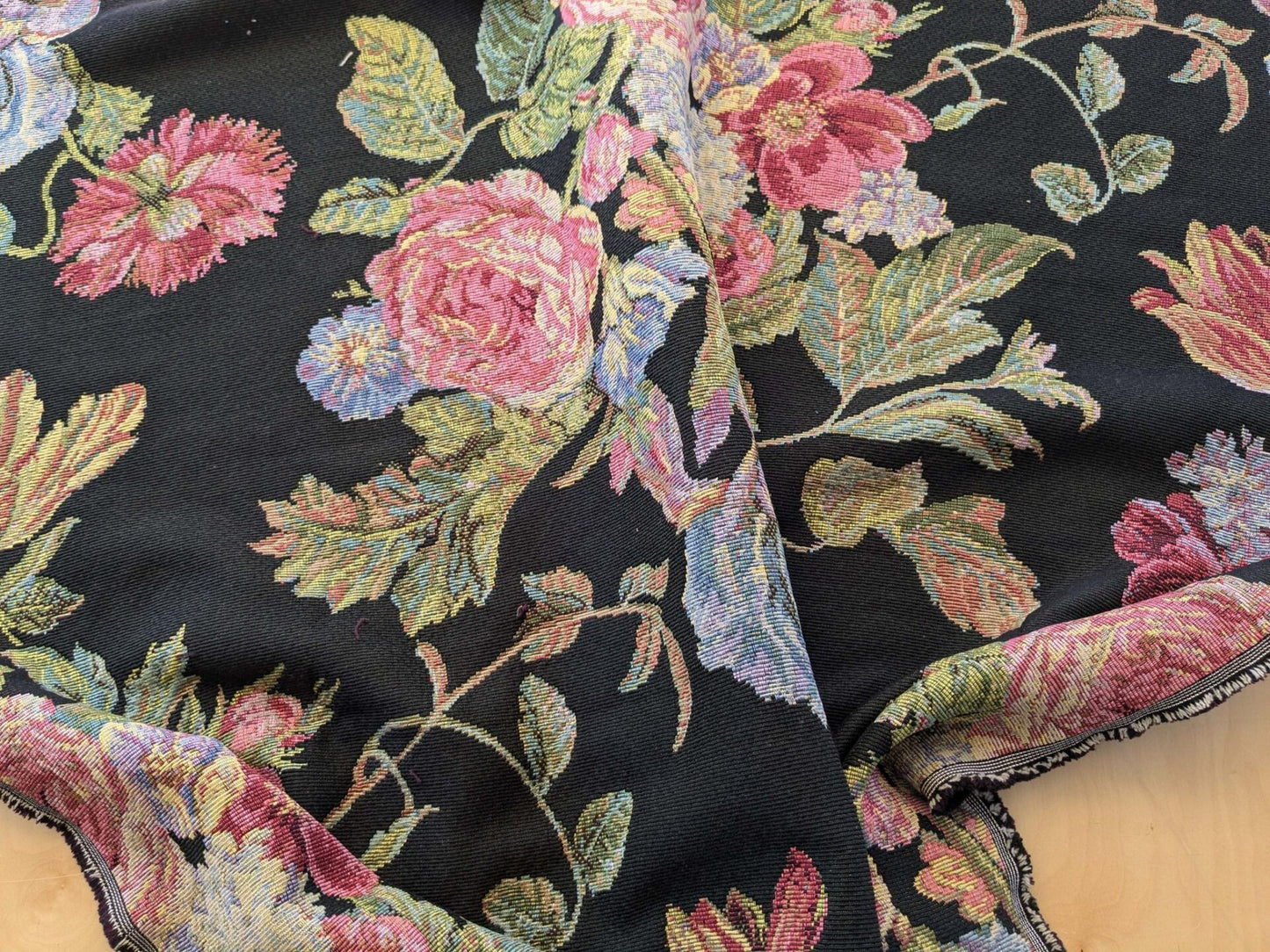 2.3 yards Scalamandre Floral Botanical Foliage Tapestry Red Pink Blue Flowers Rose Iris Carnation Tulip Black Large pattern Heavy