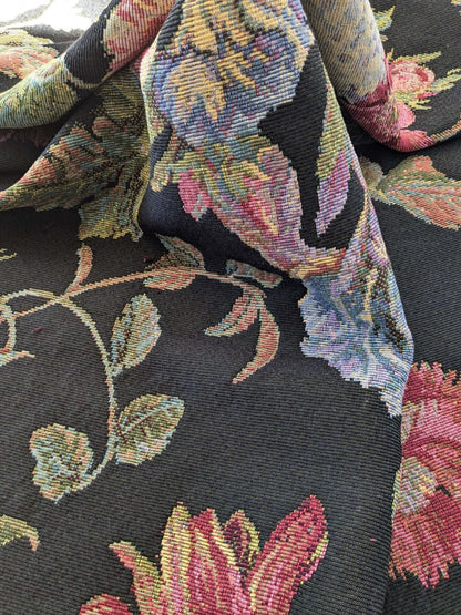 2.3 yards Scalamandre Floral Botanical Foliage Tapestry Red Pink Blue Flowers Rose Iris Carnation Tulip Black Large pattern Heavy