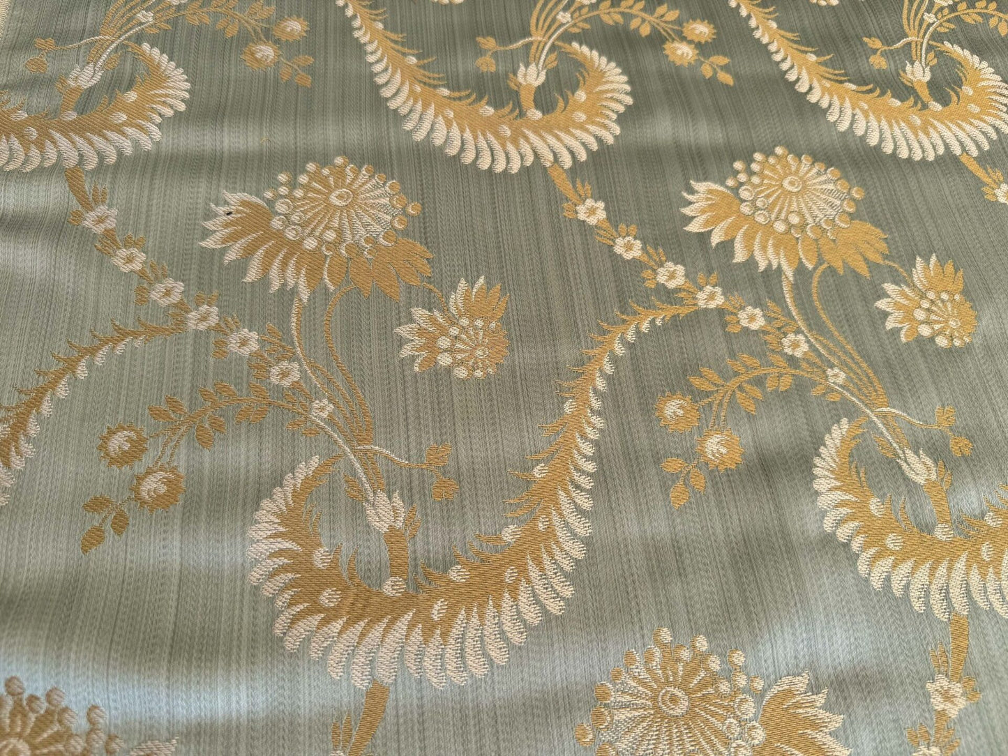 by yard Scalalamndre Sage Green Blue Neoclassical Brocade with Ornate Gold Teal Blue Floral