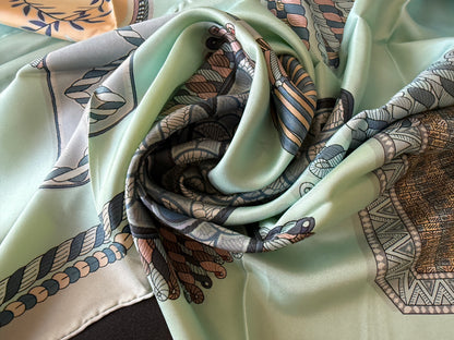 Art Scarf Feather Crest Horse Tribe Equestrian Mint Green High End Silk Twill Scarf Double Sided