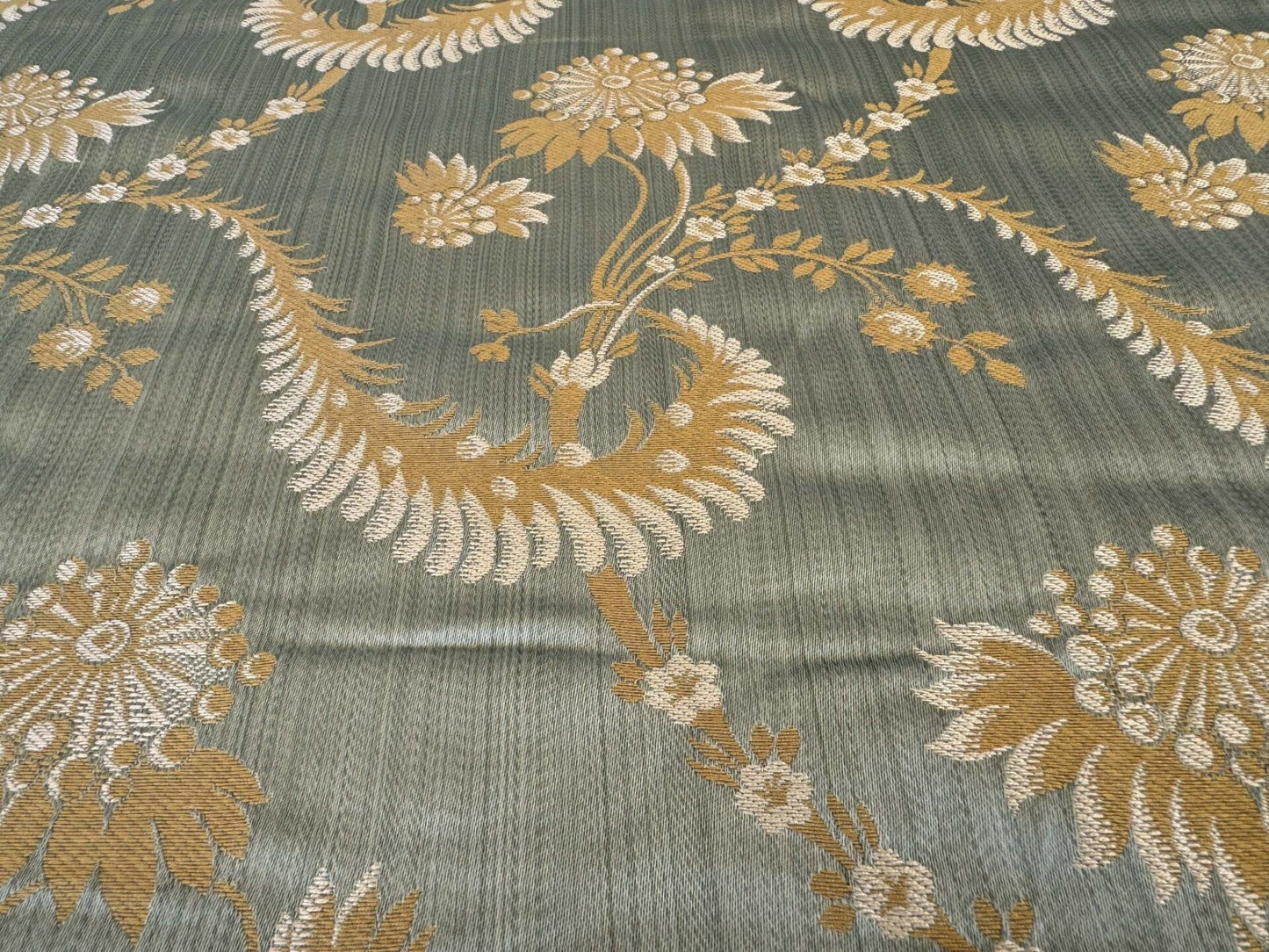by yard Scalalamndre Sage Green Blue Neoclassical Brocade with Ornate Gold Teal Blue Floral