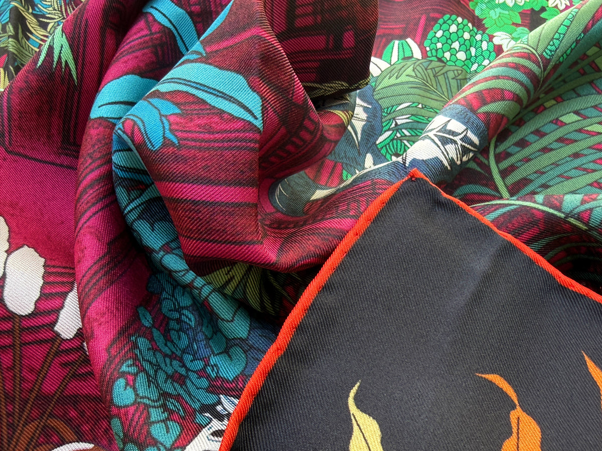 Art Scarf Tropical Resort Jungle Dream Palm Coconut Lemur Zebra Fox Birds Double Sided Purple Red Green High End Silk Twill 41 Inches