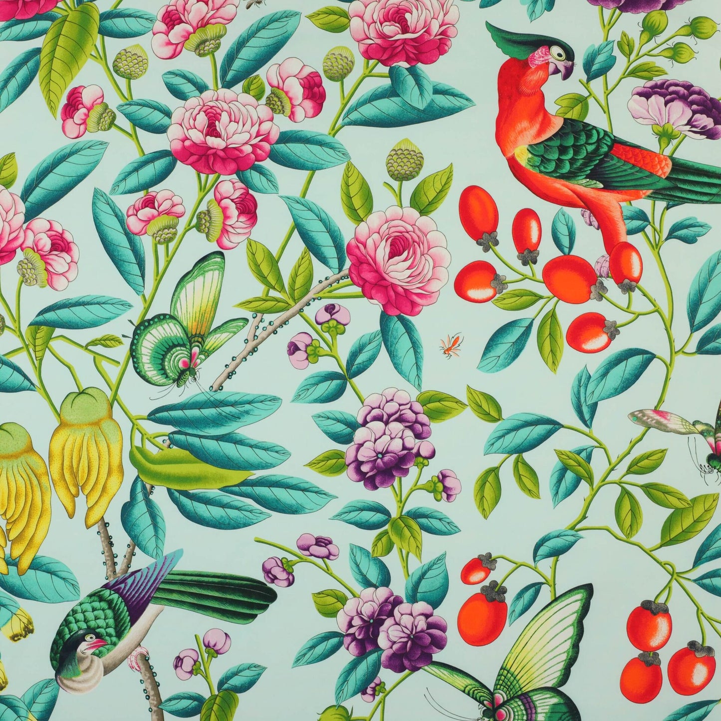 Manuel Canovas Serendip Turquoise Yellow Pink Green on White Bird Flower Tropical Cotton Print MSRP USD304/y