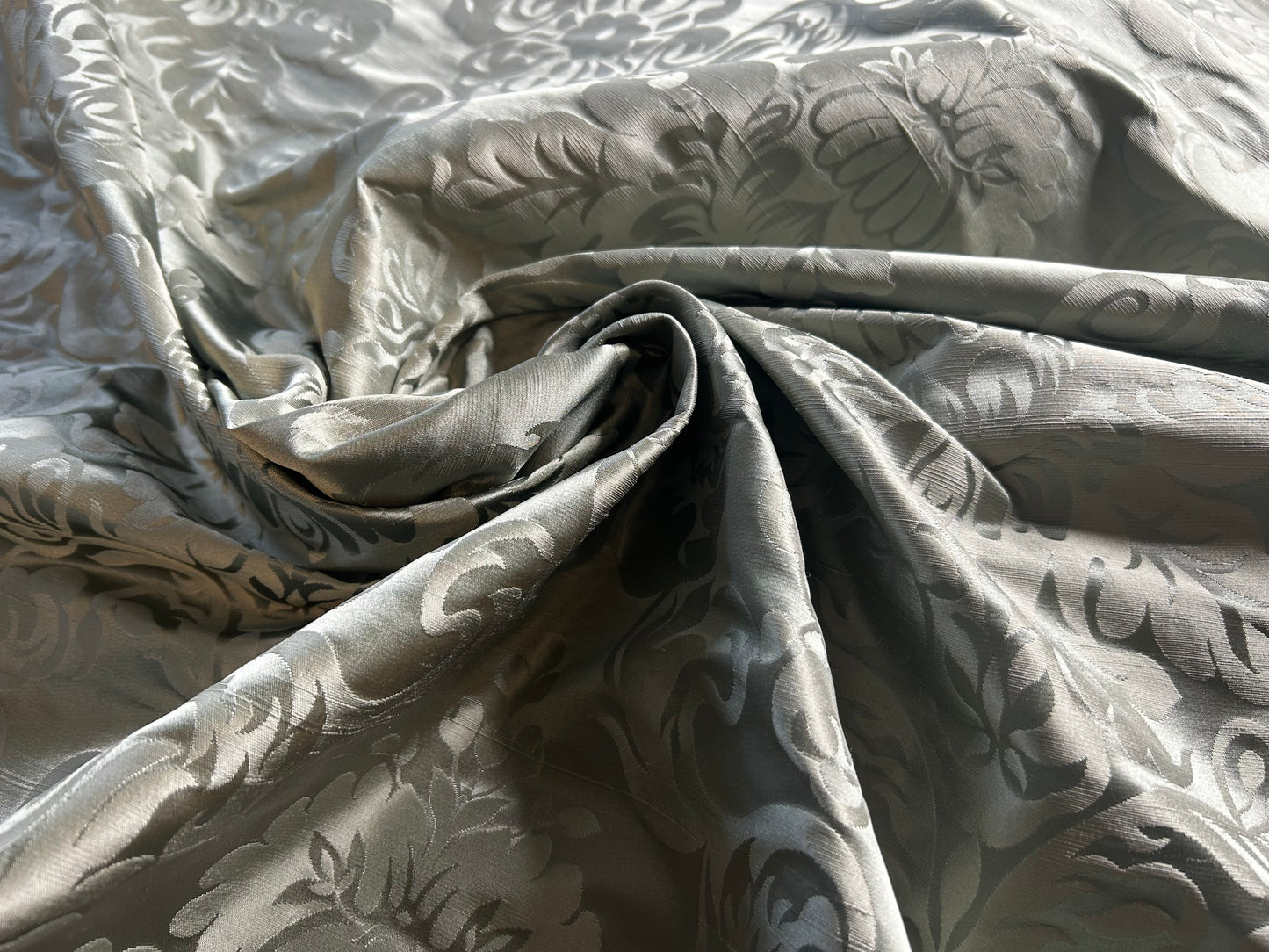 By Yard High End 100% Silk Damask Raw Texture Floral "bijou Blue" Green Blue