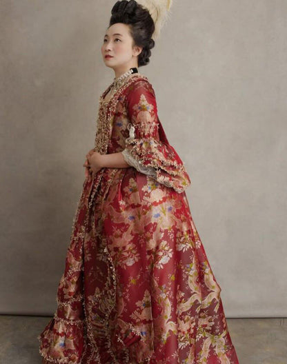 100%silk Lampas Basilica Crimson Red French Court Lace Marie Antoinette By Yard