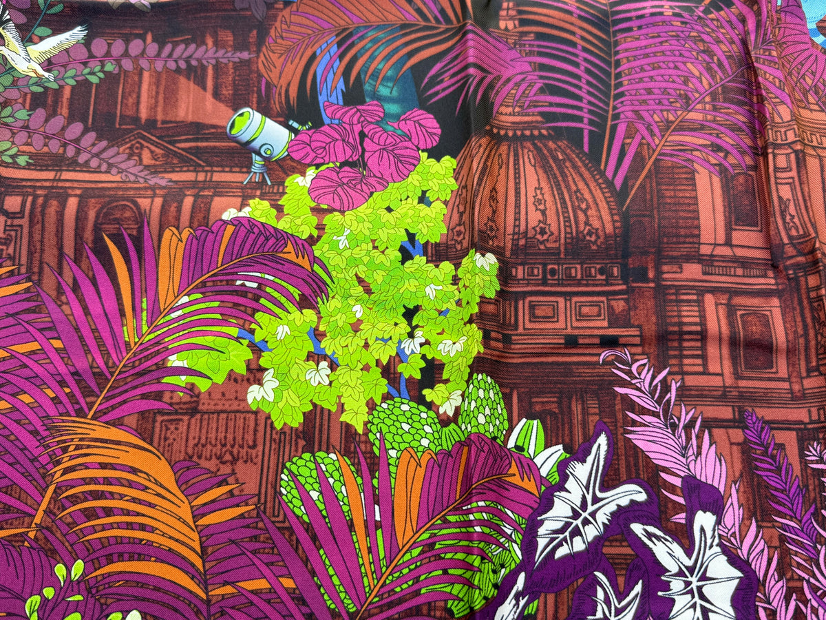 Art Scarf Tropical Resort Jungle Dream Palm Coconut Lemur Zebra Fox Birds Double Sided Purple Red Green High End Silk Twill 41 Inches
