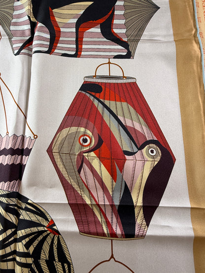 Art Scarf Lattern Festival Animal Kingdom Bird Fish High End 100% Silk Twill Scarf Huge 40”