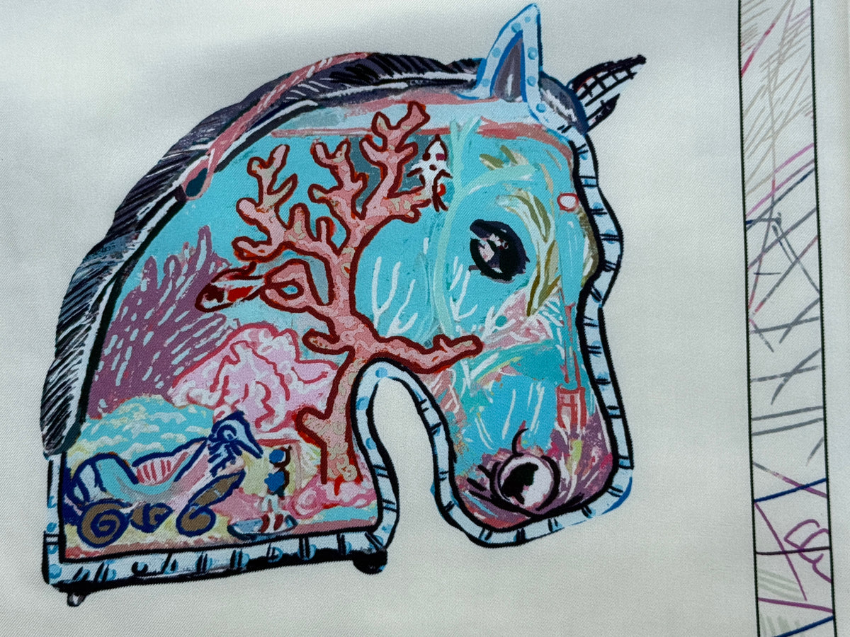 Art Scarf Equestrian Horse and Hobby Horse Biking Cooking Hot-air Balloon Head Modern Collage Salvador Dalí High End Silk Twill Scarf Double Sided
