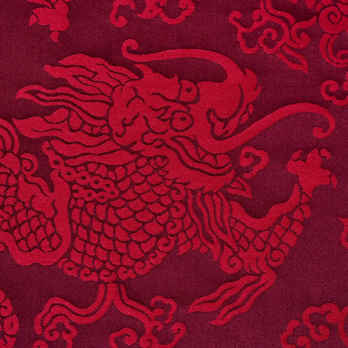 Schumacher Ruan Dragon Damask Garnet Red Art Deco Chinoiserie Satin Cotton MSRP USD 328/y