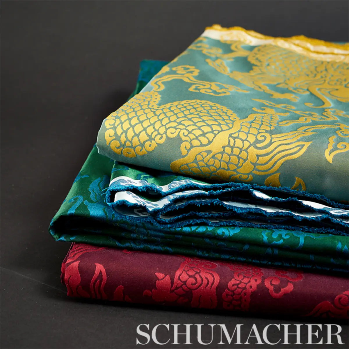 Schumacher Ruan Dragon Damask Gold Art Deco Chinoiserie Satin Cotton MSRP USD 328/y
