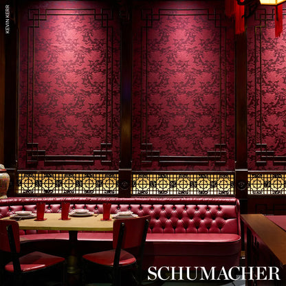 Schumacher Ruan Dragon Damask Garnet Red Art Deco Chinoiserie Satin Cotton MSRP USD 328/y