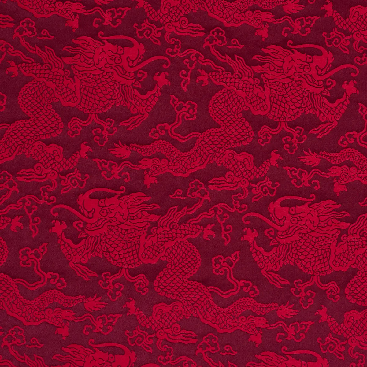 Schumacher Ruan Dragon Damask Garnet Red Art Deco Chinoiserie Satin Cotton MSRP USD 328/y