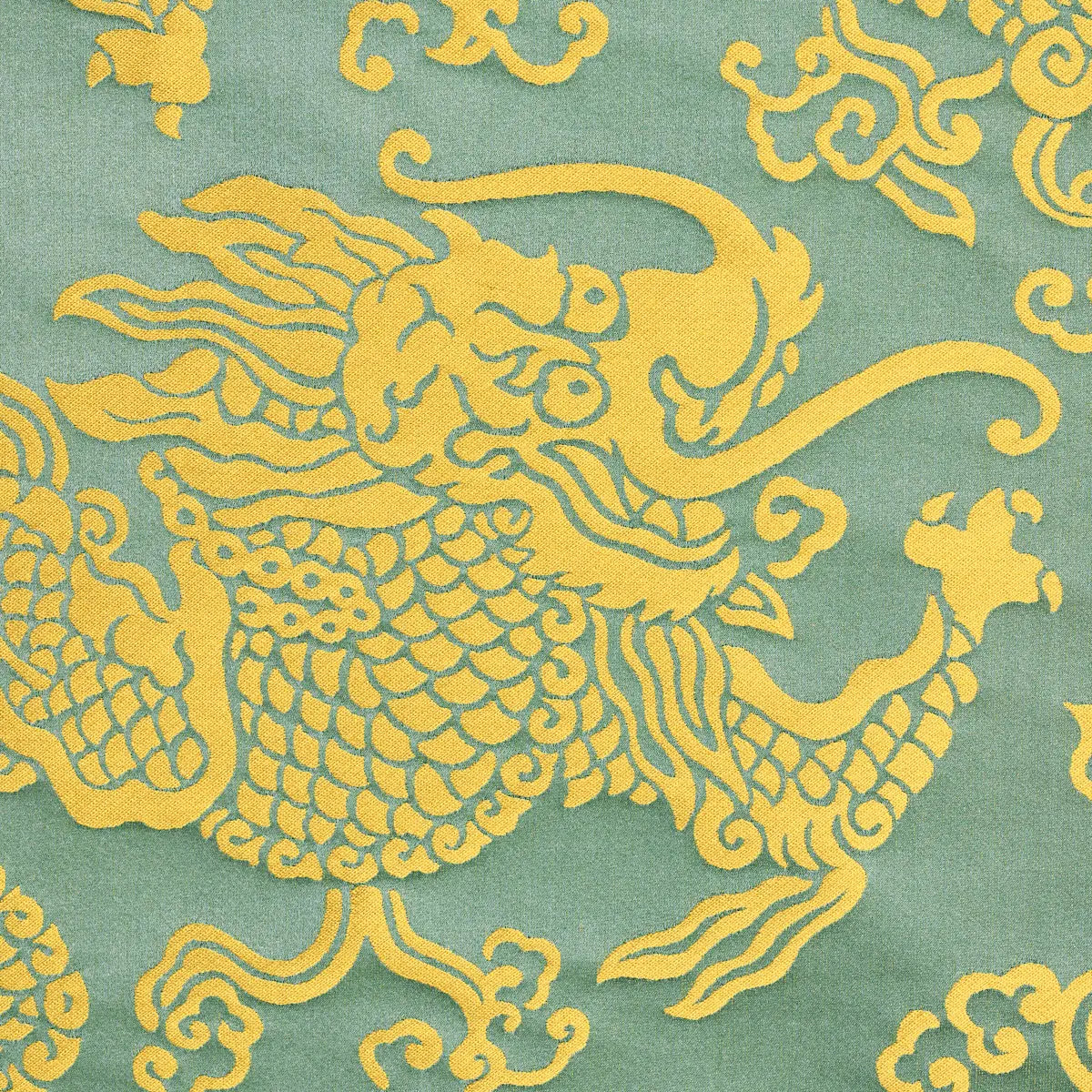 Schumacher Ruan Dragon Damask Gold Art Deco Chinoiserie Satin Cotton MSRP USD 328/y