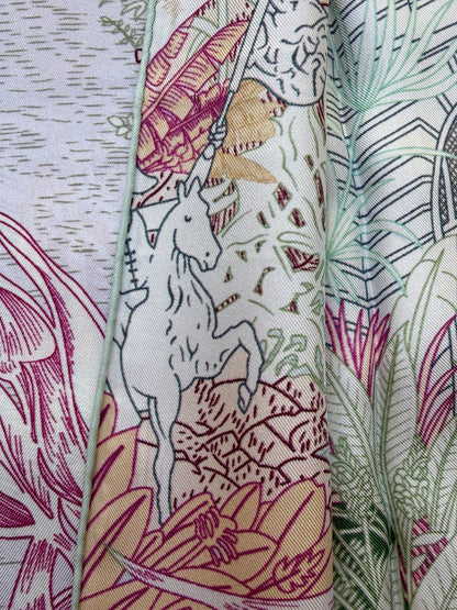 Art Scarf Leopard River Resort Tropical Jungle Waterfall Mint Green Fuschia Pink High End Silk Twill Scarf Double Sided