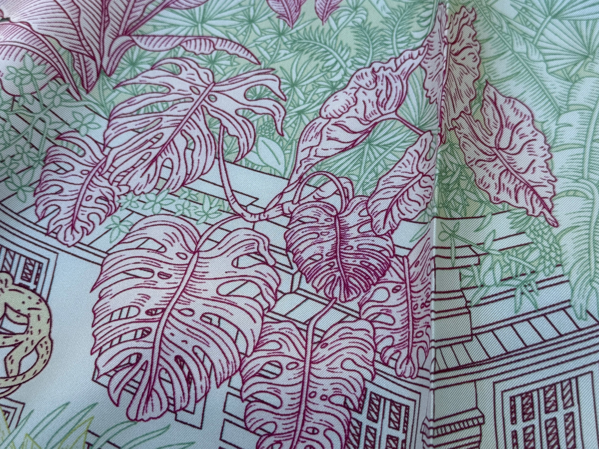 Art Scarf Leopard River Resort Tropical Jungle Waterfall Mint Green Fuschia Pink High End Silk Twill Scarf Double Sided