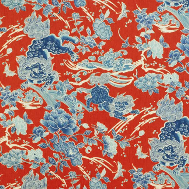 Brunschwig & Fils Shishi Blue Peony & Chinese Lion On Poppy Red MSRP USD336/y